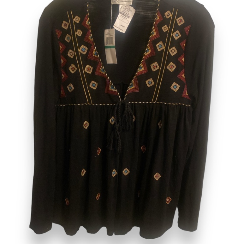 NWT! NEIMAN MARCUS Boho Embroidered Detail Tassel Accent Self-Tie Cardigan Large